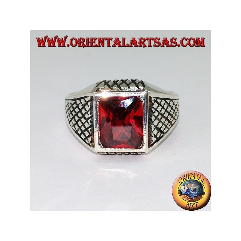Anillo de plata para hombres con granate facetado rectangular