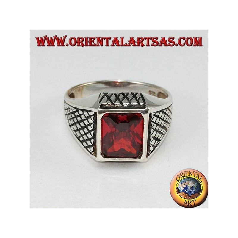 Anillo de plata para hombres con granate facetado rectangular
