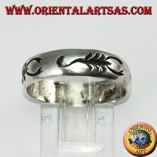 Silver band ring with inlaid scorpion