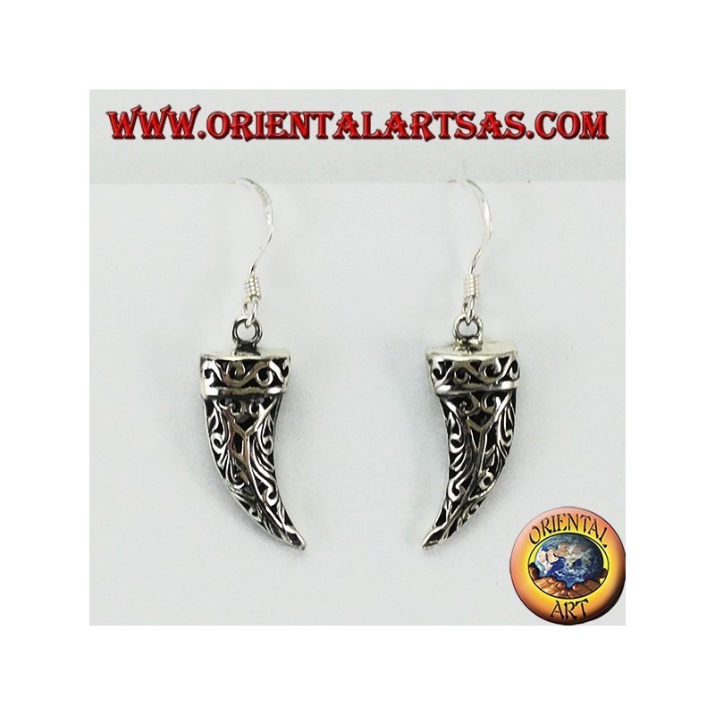 Silver earrings in the shape of a tusk of perforated elephant
