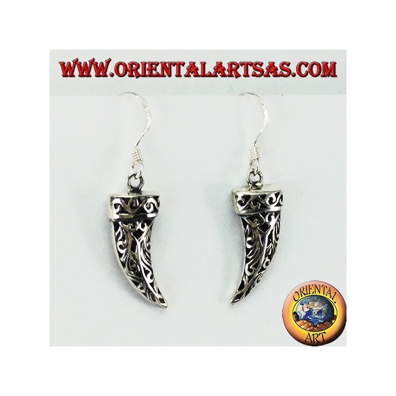 Silver earrings in the shape of a tusk of perforated elephant