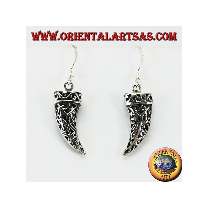 Silver earrings in the shape of a tusk of perforated elephant