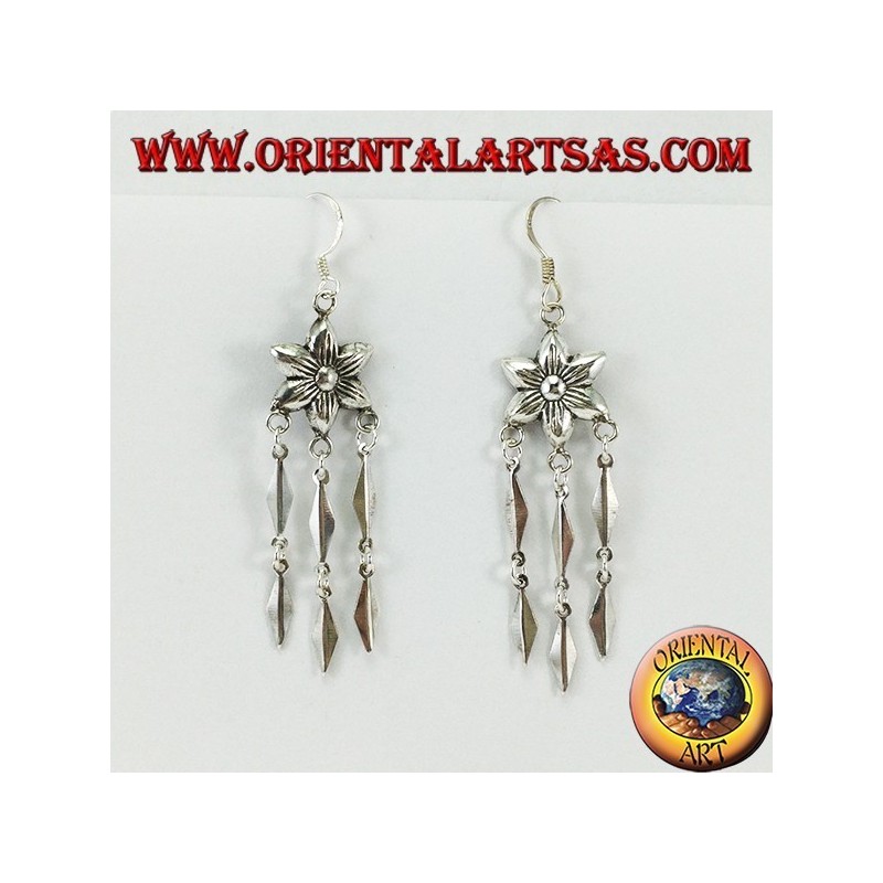 Silver earrings, flower with three long pendants