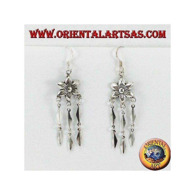 Silver earrings, flower with three long pendants