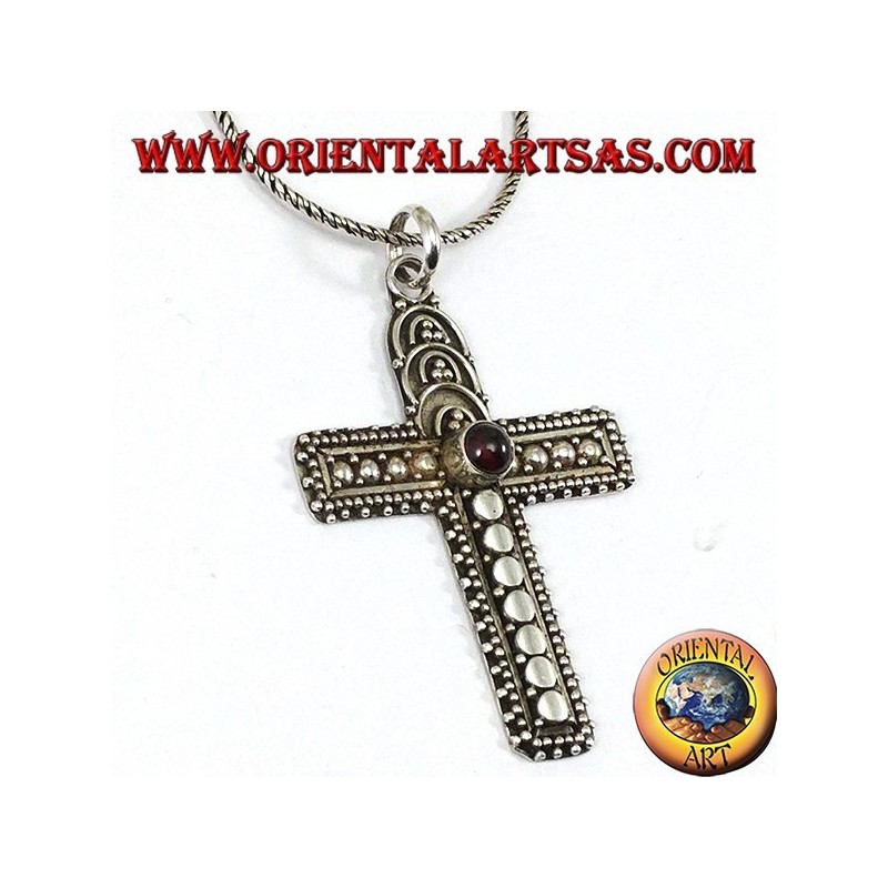 Silver pendant handmade cross with garnet in the center