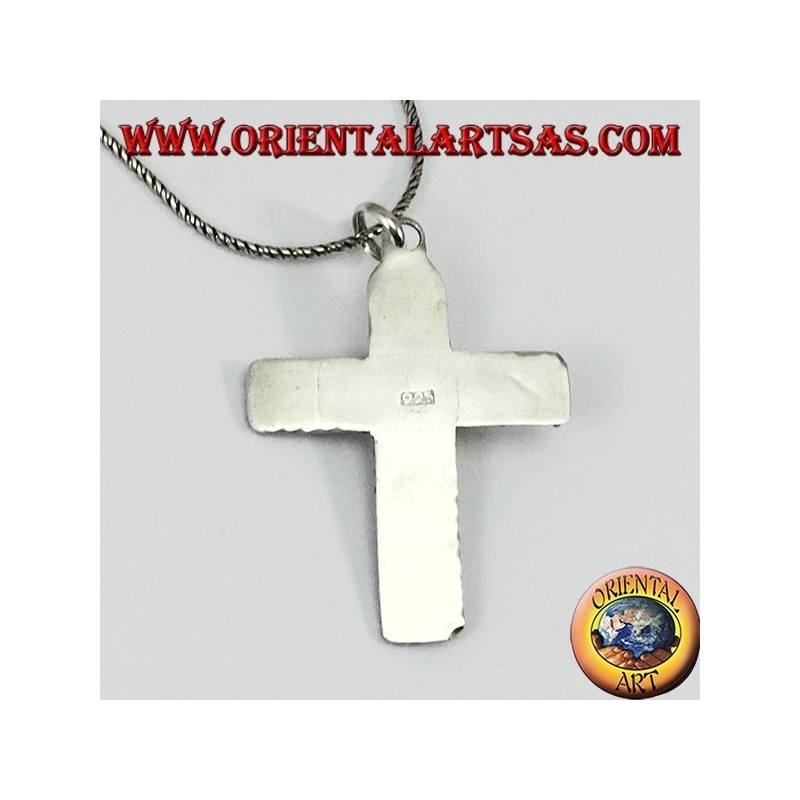 Silberner Anhänger, handgemachtes Kreuz mit Granat in der Mitte