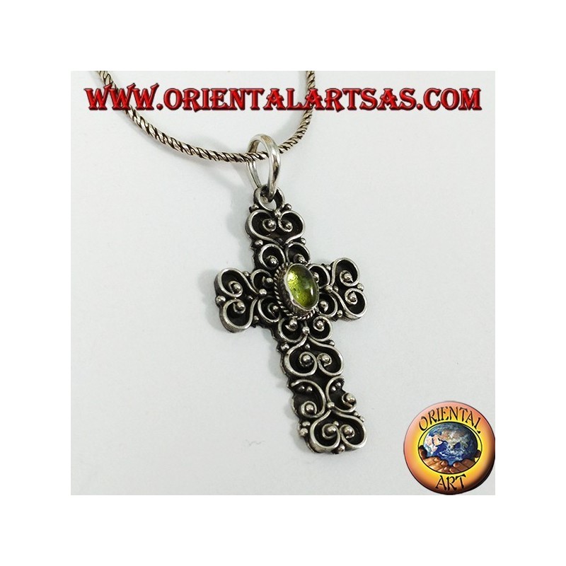 Silver pendant, baroque cross handmade with peridot in the center