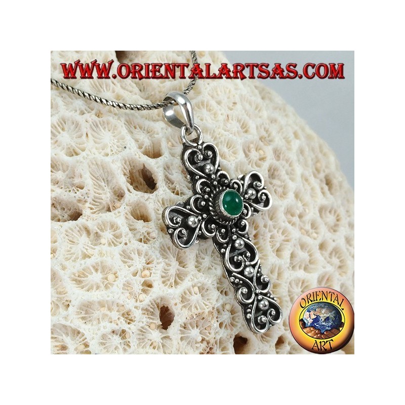 Silver pendant, baroque cross handmade with peridot in the center