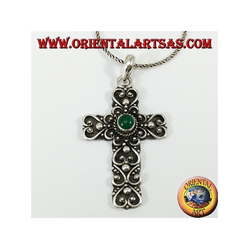 Silver pendant, baroque cross handmade with peridot in the center