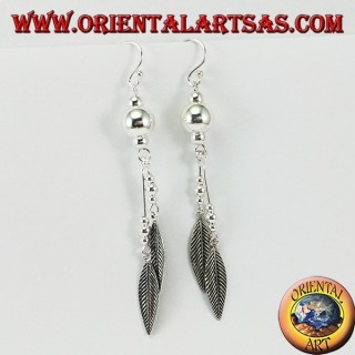 Silver earrings with long spheres with two feathers