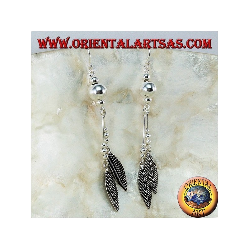 Silver earrings with long spheres with two feathers