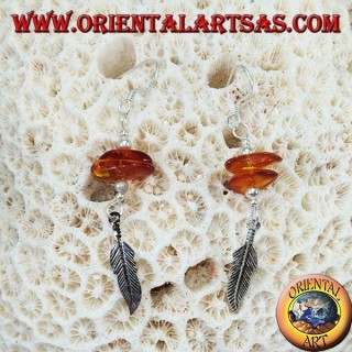 Silver pendant earrings with 2 pieces of amber and a feather