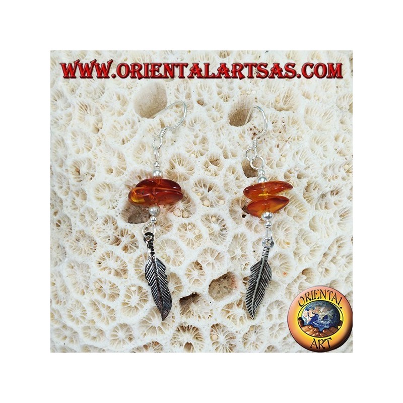 Boucles d'oreilles pendantes en argent avec 2 morceaux d'ambre et une plume