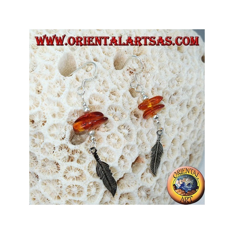 Silver pendant earrings with 2 pieces of amber and a feather