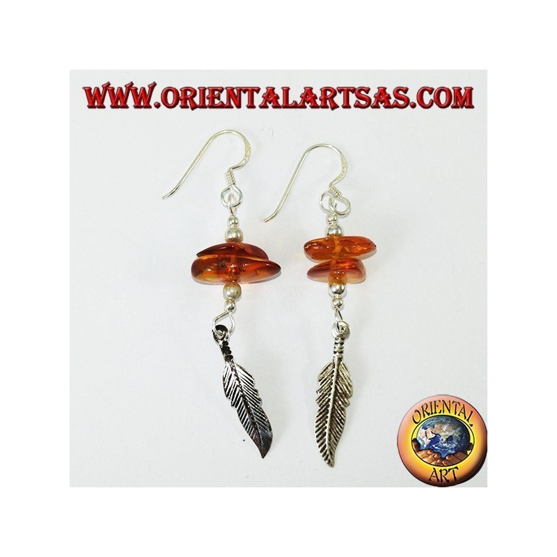 Boucles d'oreilles pendantes en argent avec 2 morceaux d'ambre et une plume