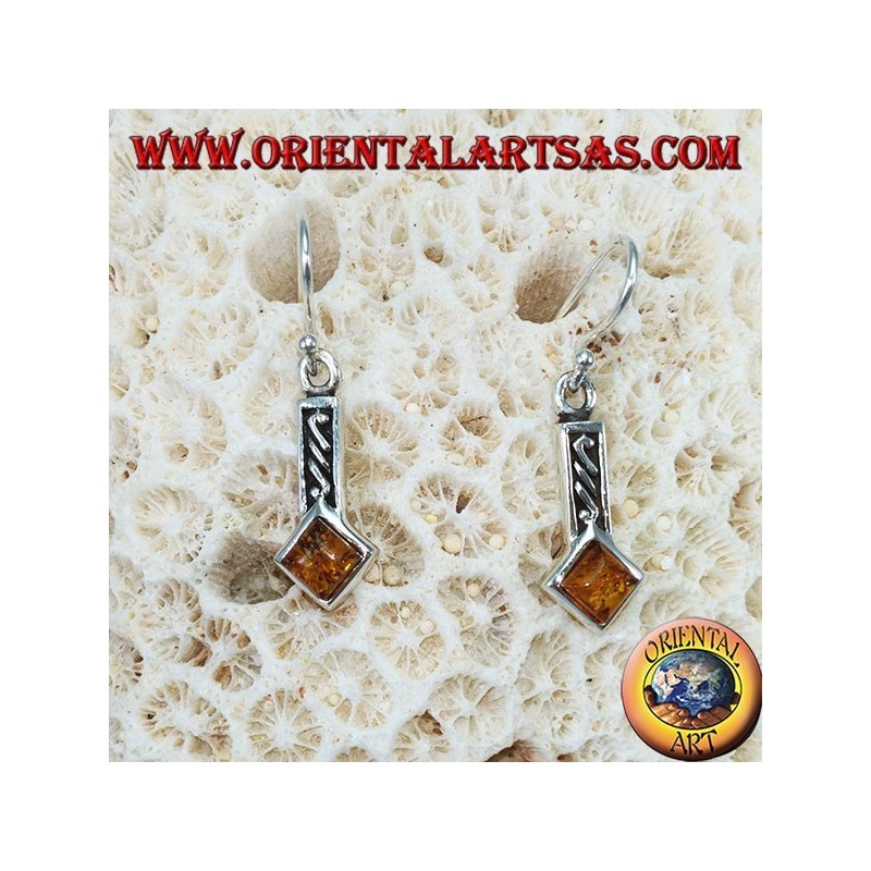 Boucles d'oreilles en argent incrustées d'ambre carré