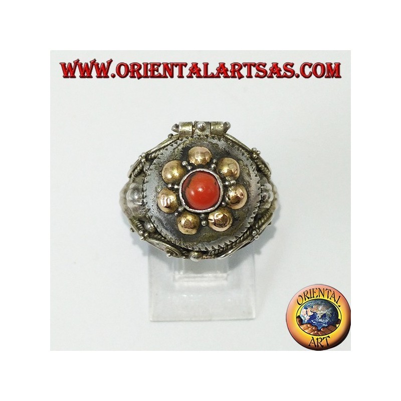 Silver ring in a poison box with gold and coral beads