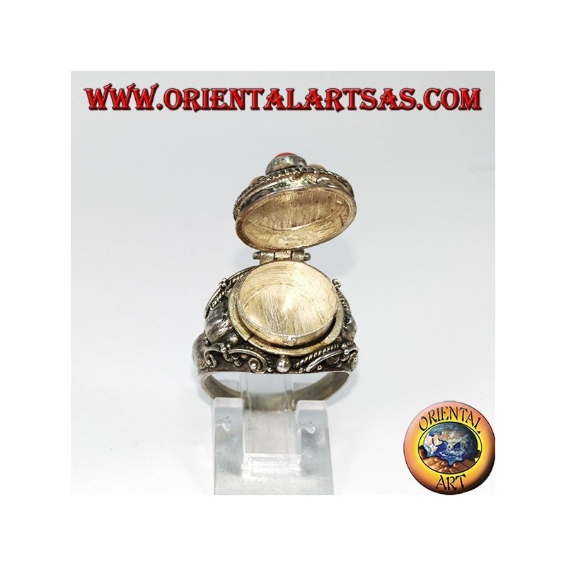 Silver ring in a poison box with gold and coral beads