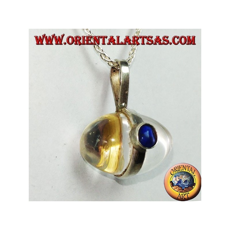 Pendentif en argent avec cristal de roche en forme d'oeuf avec lapis-lazuli