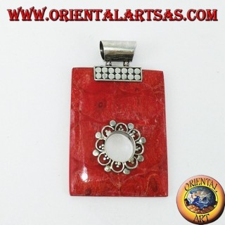 Colgante de plata con madrepora roja (coral) rectangular con agujero redondo