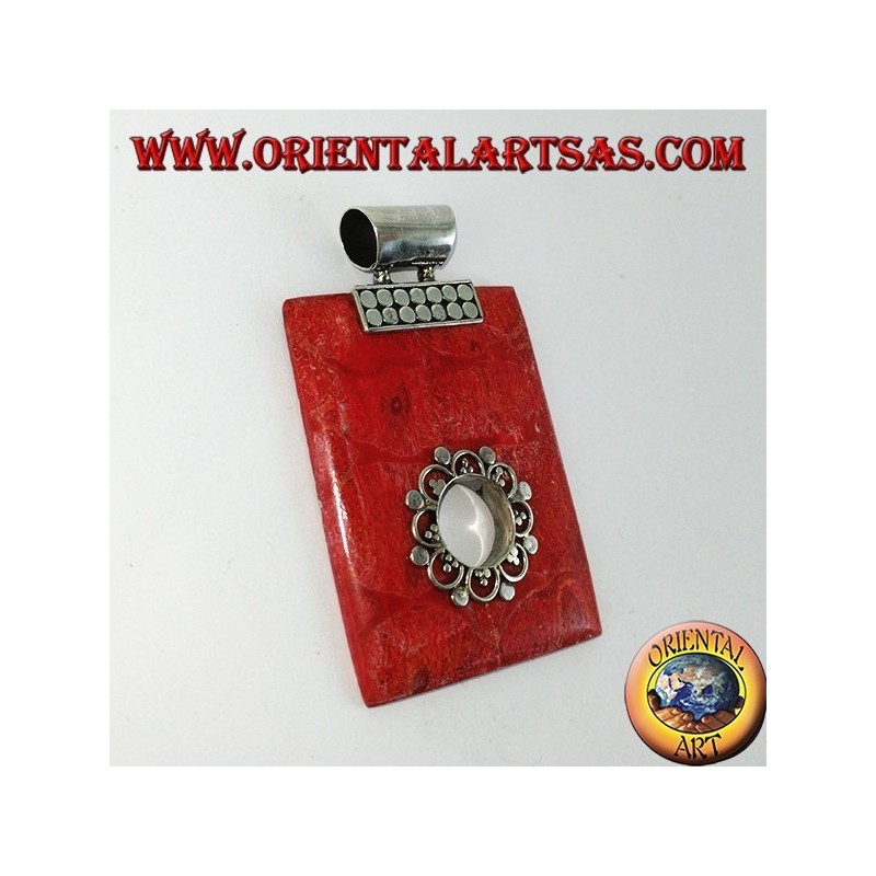 Colgante de plata con madrepora roja (coral) rectangular con agujero redondo