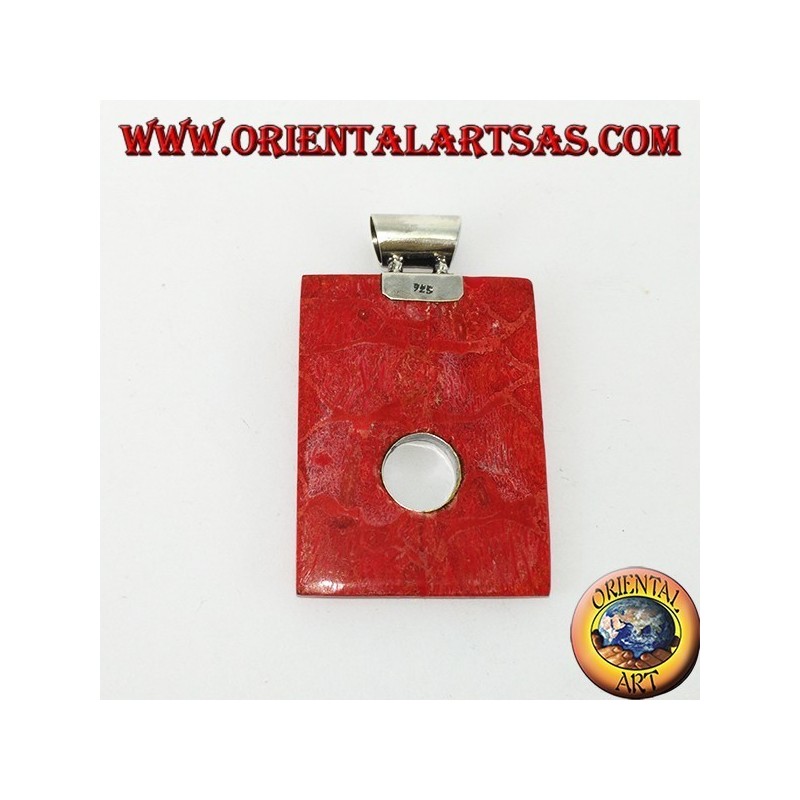Ciondolo in argento con madrepora rossa (corallo) rettangolare con foro tondo
