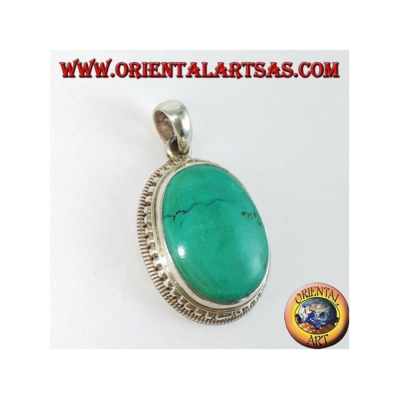 Pendentif en argent avec Turquoise tibétaine naturelle entourée de boules