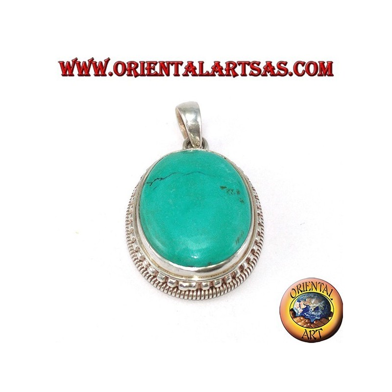 Pendentif en argent avec Turquoise tibétaine naturelle entourée de boules