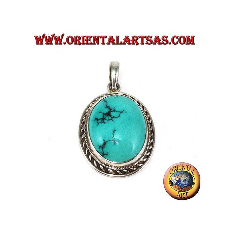 Silver pendant with natural Tibetan Turquoise and braided edge