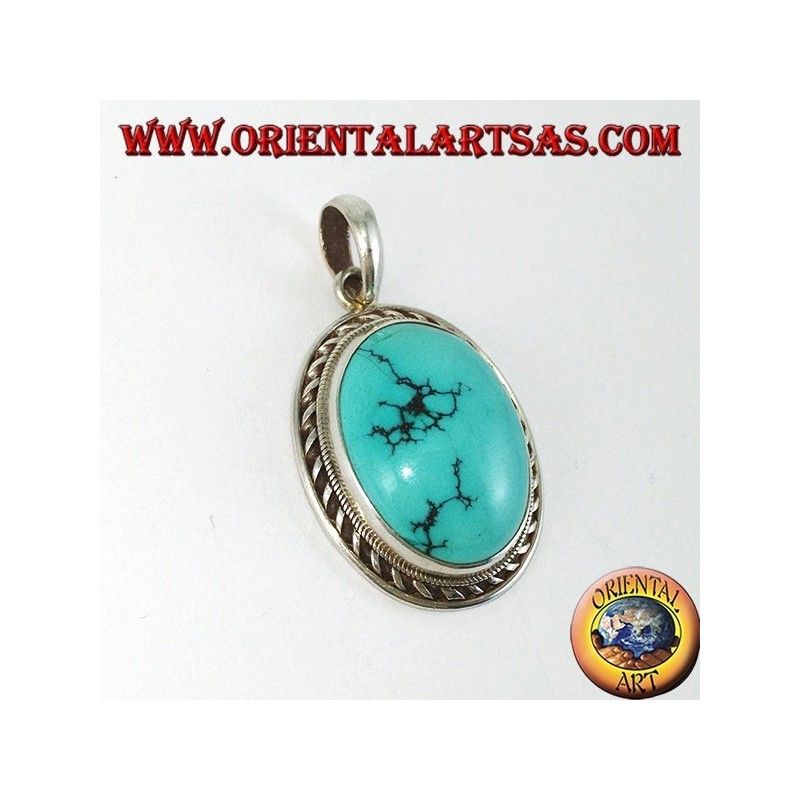 Ciondolo in argento con Turchese Tibetano naturale e bordo a da treccia