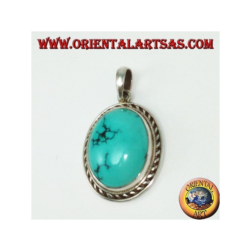 Ciondolo in argento con Turchese Tibetano naturale e bordo a da treccia