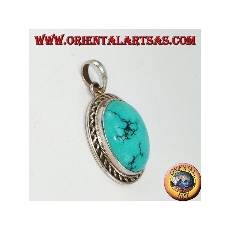 Colgante de plata con turquesa tibetana natural y borde trenzado