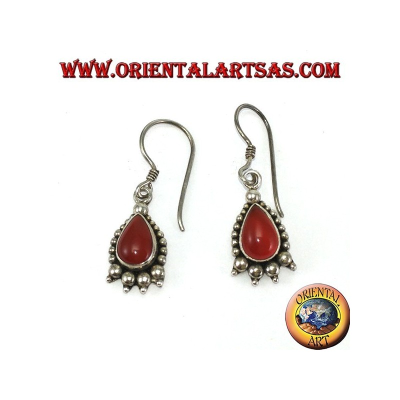 Silver earrings with drop carnelian decorated with silver dots