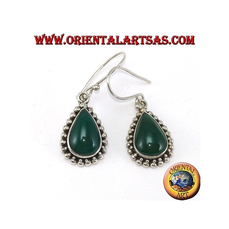 Silver earrings with green drop agate surrounded by two rows of dots