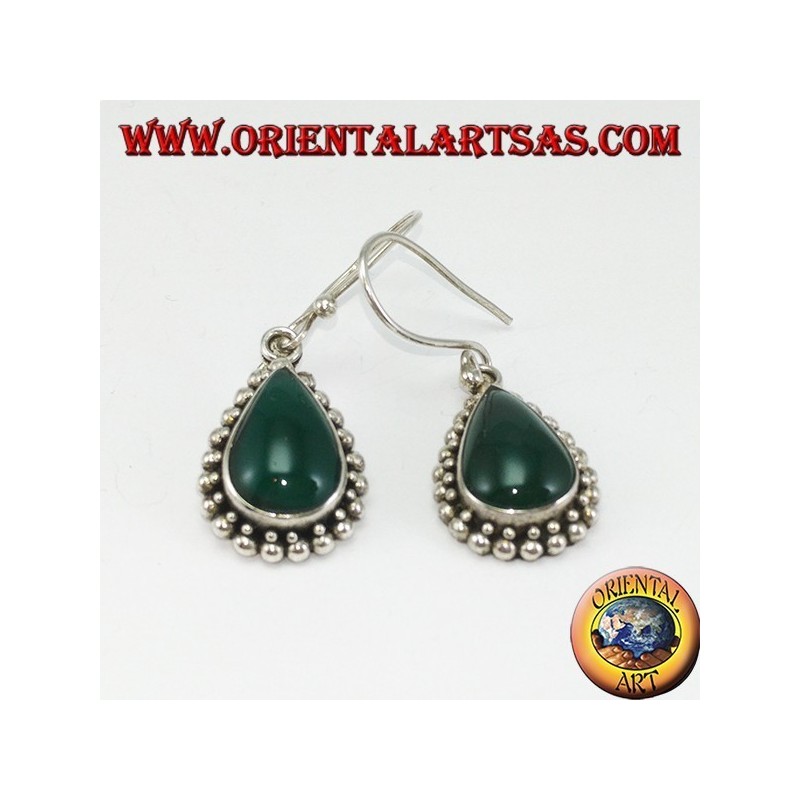 Silver earrings with green drop agate surrounded by two rows of dots