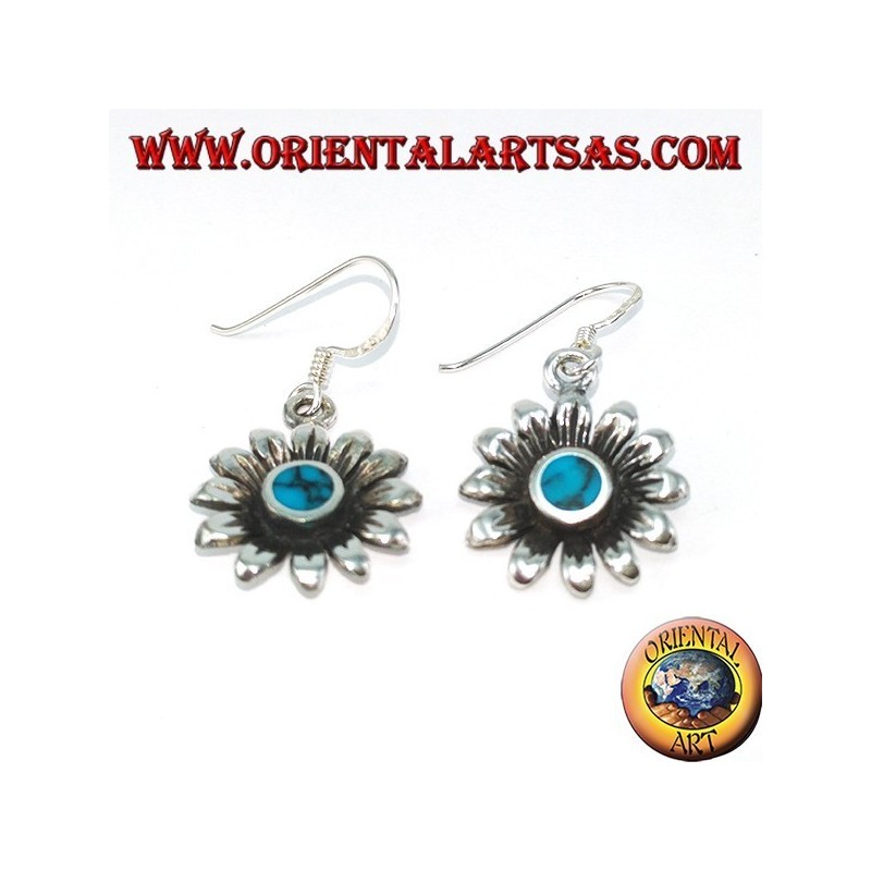 Boucles d'oreilles fleur daisy argent avec turquoise