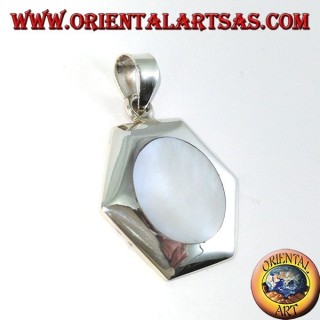 Hexagonal silver pendant with round mother-of-pearl