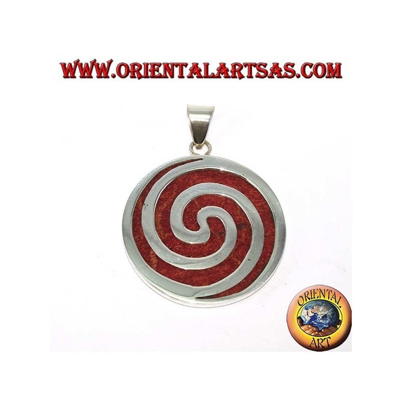 Silver pendant with red madrepora (coral), round and spiral