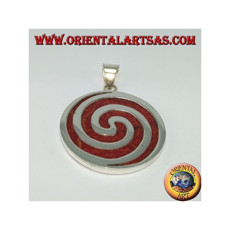 Colgante de plata con madrepora roja (coral), redondo y espiral