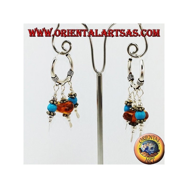 Silver earrings in circle with pendants of amber and turquoise