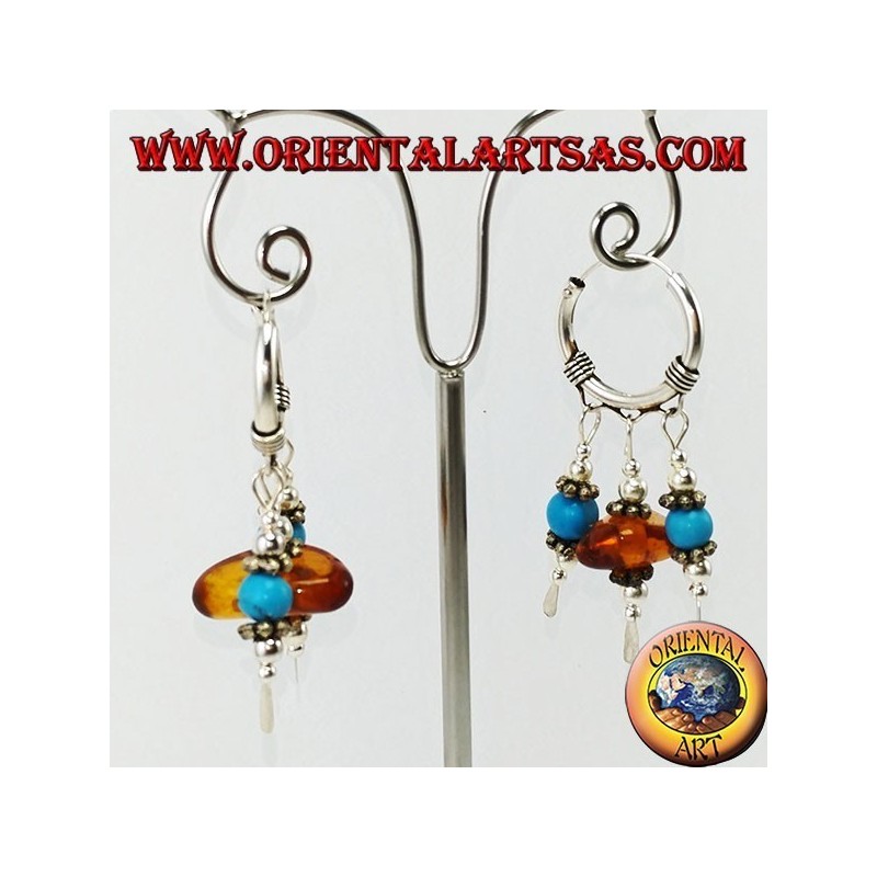 Silver earrings in circle with pendants of amber and turquoise