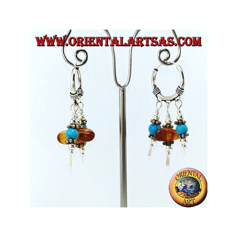 Silver earrings in circle with pendants of amber and turquoise