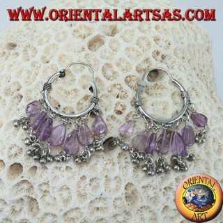 Silver hoop earrings with amethyst drop pendants