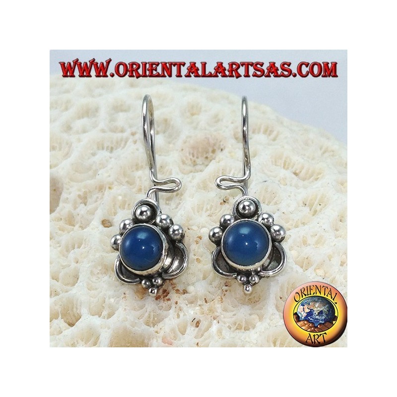 Silver earrings with round blue agate and dots decorations