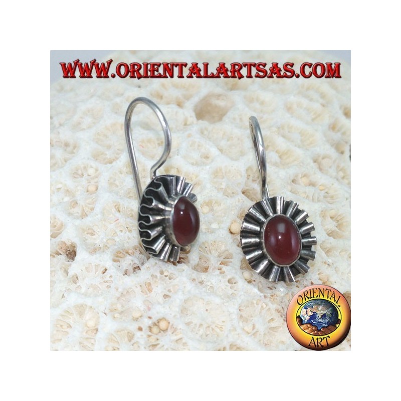 Silver earrings with oval carnelian and wave contour