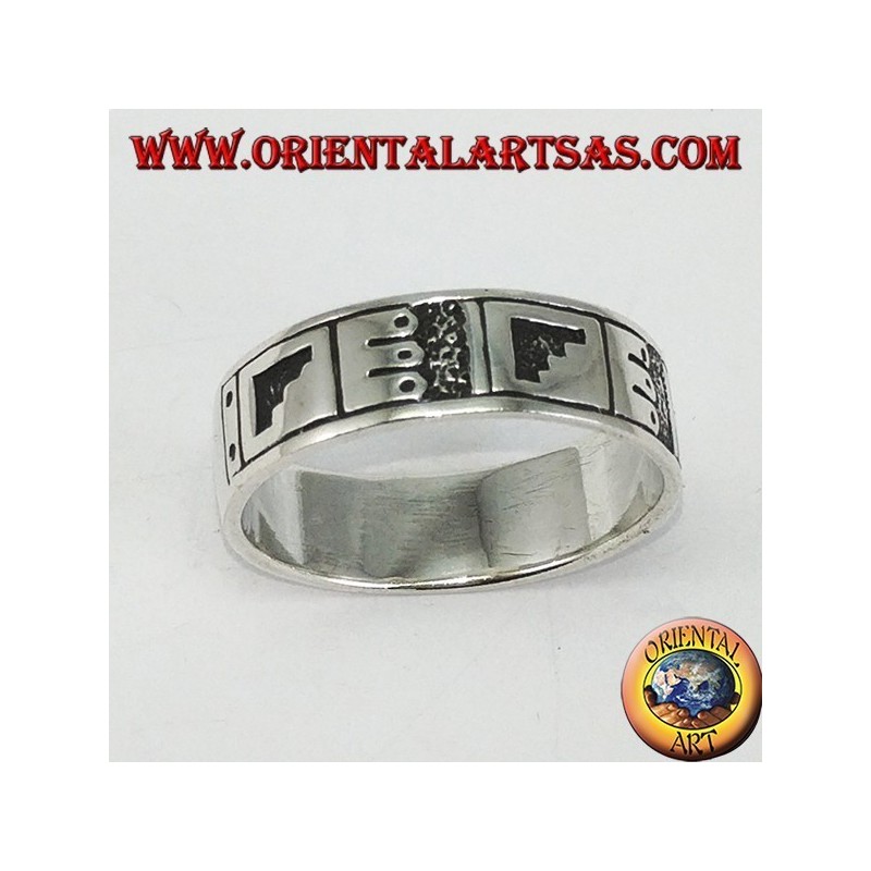 Anello a fascia in argento a bassorilievo Maya