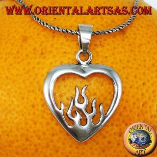 Silver pendant, heart with fire