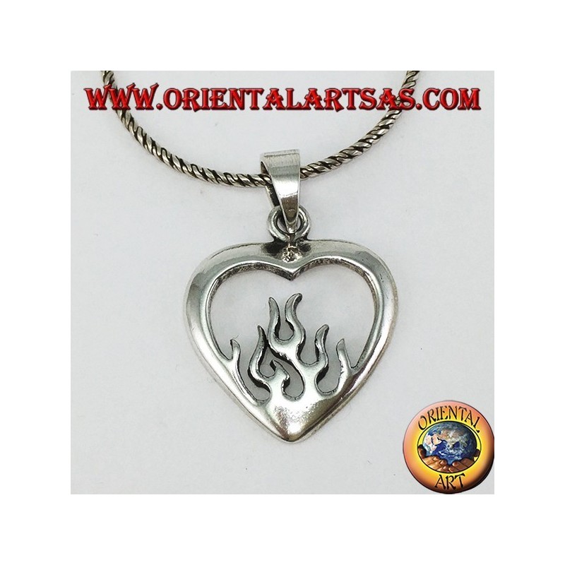 Silver pendant, heart with fire