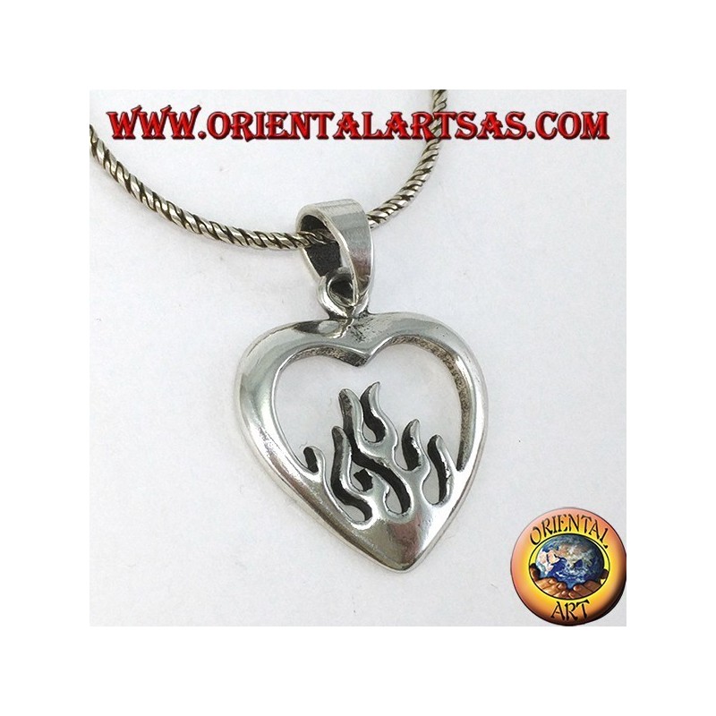 Silver pendant, heart with fire