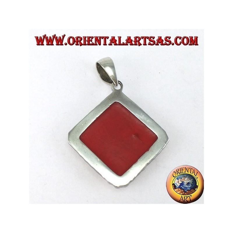 Silver pendant with square red madrepora surrounded by studs